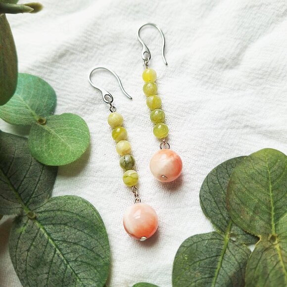 Boho Gemstone Dangle Earrings – Handmade Jewelry, Green & Pink Chalcedony - Picture 6 of 7